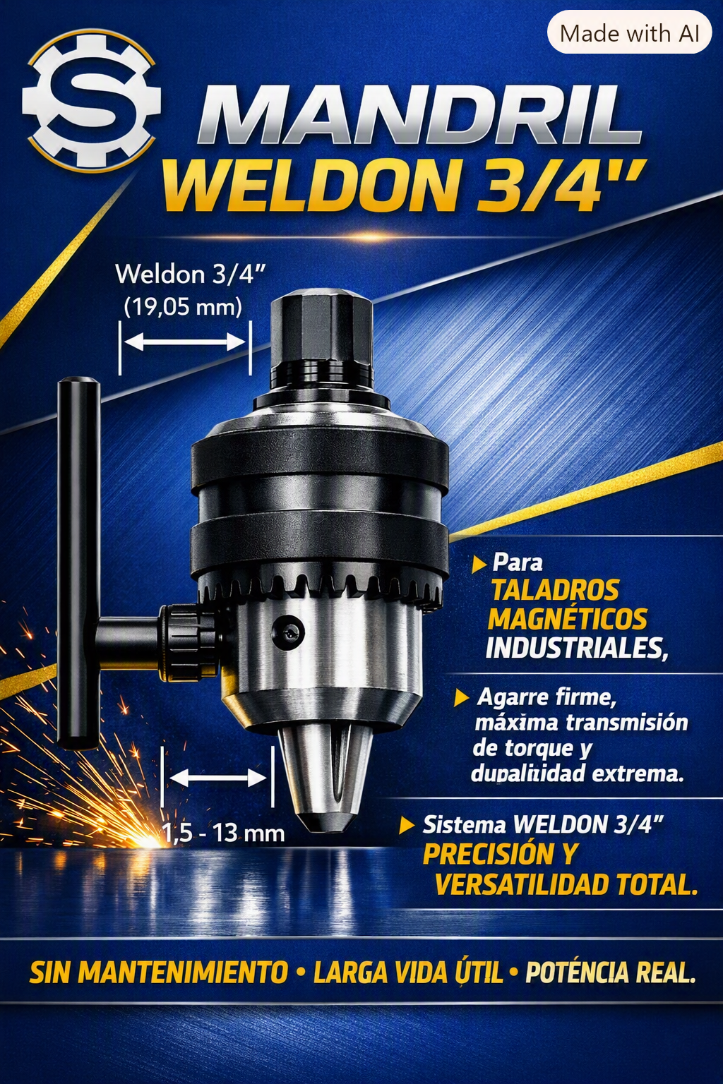 Mandril de 3 a 13 mm Incluye adaptador toma Weldon